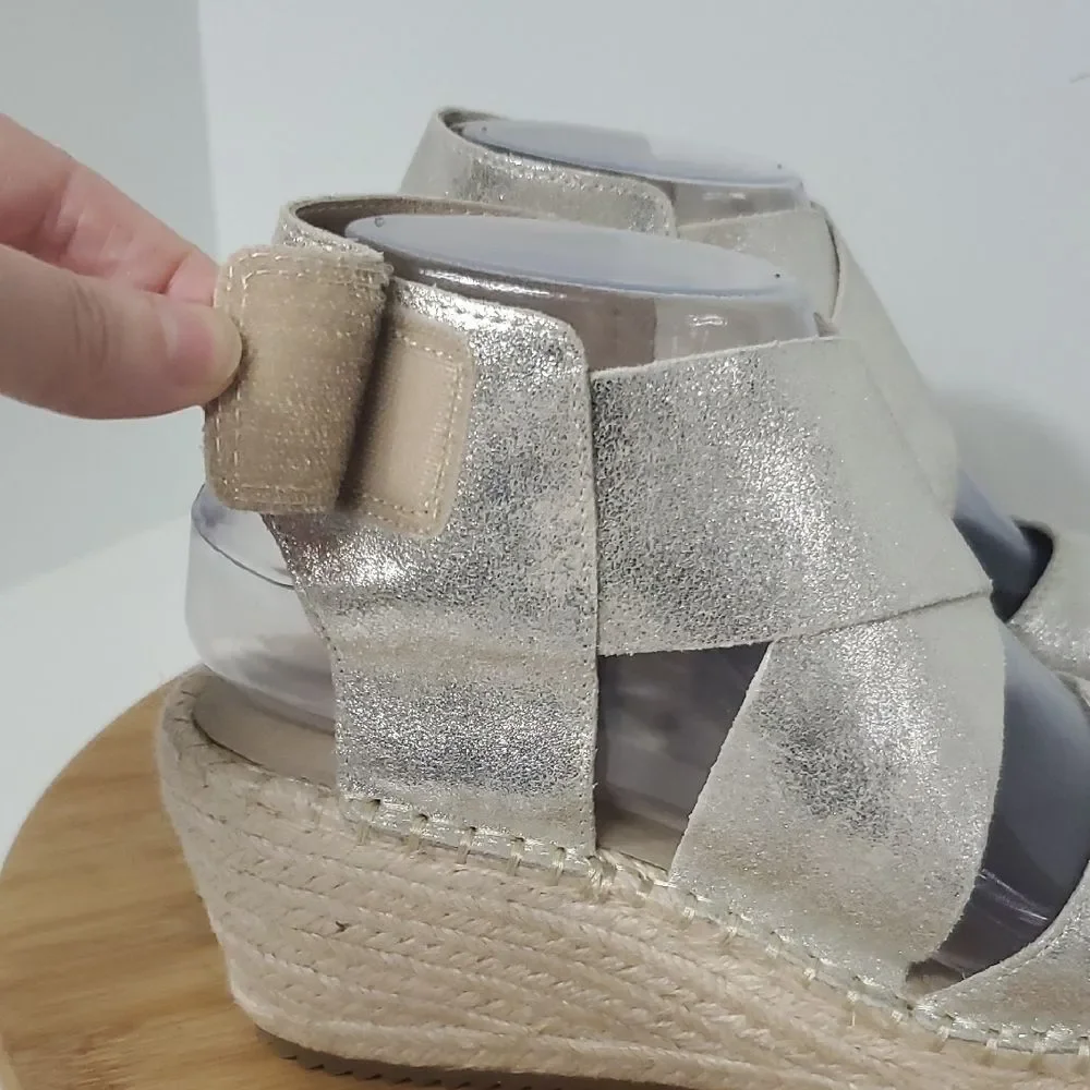 Eileen Fisher Willow Metallic Gold Platform Wedge Espadrille Sandals Women's 7
